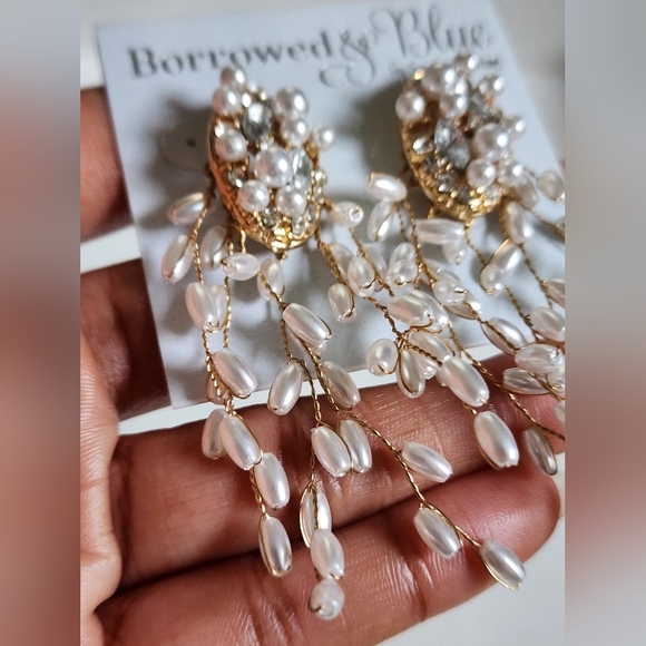 New Borrowed and Blue Women's Pearl & Rhinestones Drop Gold Vines Stud Earrings - Picture 4 of 13